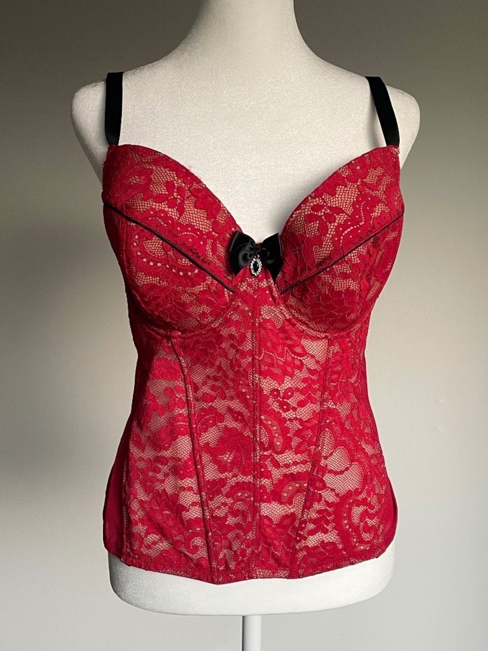 Adore Me Dark Red Lace Underwire Romantic Vamp Bustier Corset Top Size 42C